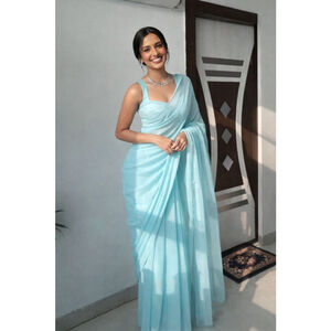 Light Blue Faux Georgette 1-Minute Pre-Pleated Saree Set (pit to pit 21 inches)